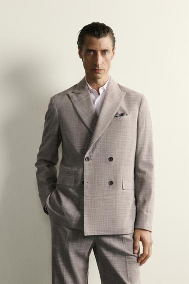 WOOL BLEND CHECK REGULAR FIT SUIT BLAZER - Light grey by Zara
