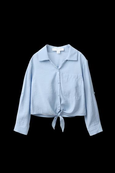 Zara KNOTTED FLOWY SHIRT - Light blue
