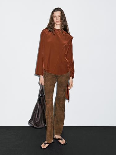 Zara Flowing blouse with tied neck - Russet - Image 0