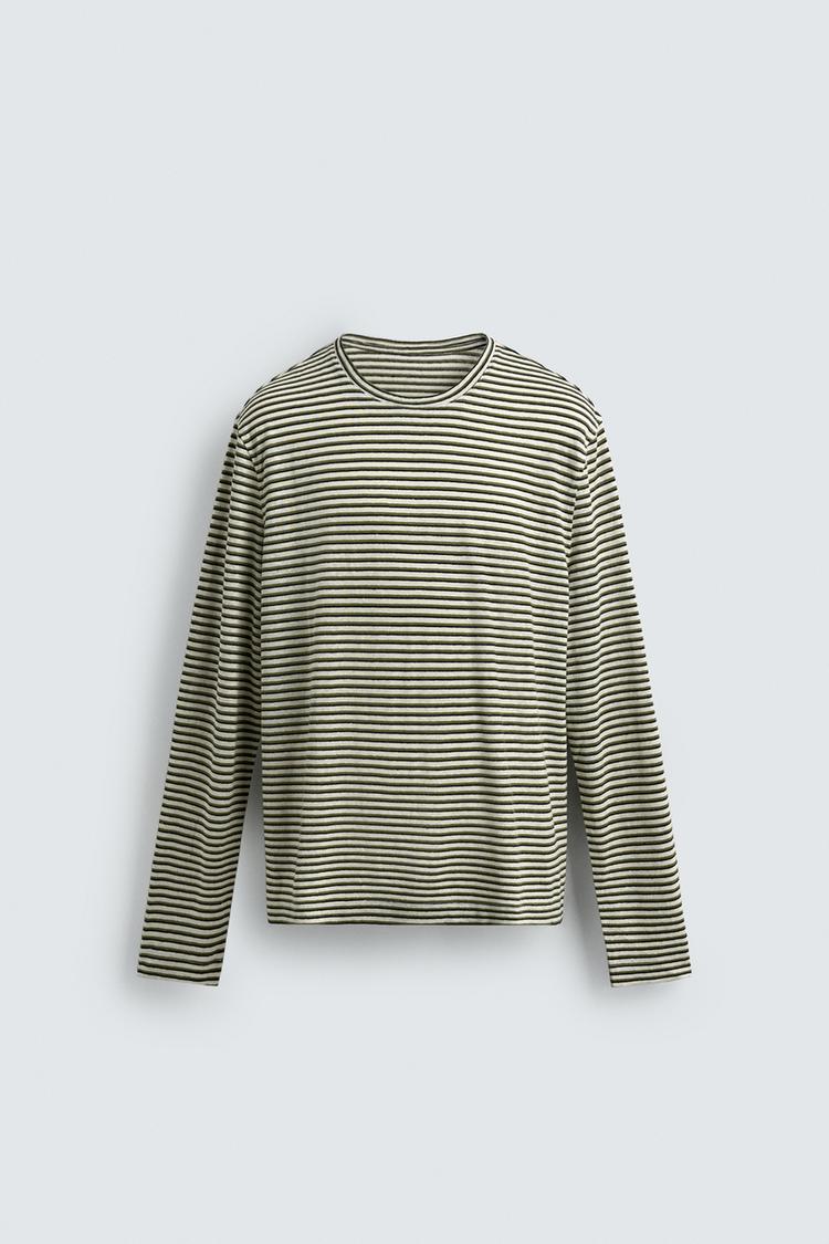 ZARA REGULAR FIT STRIPED LINEN BLEND T-SHIRT