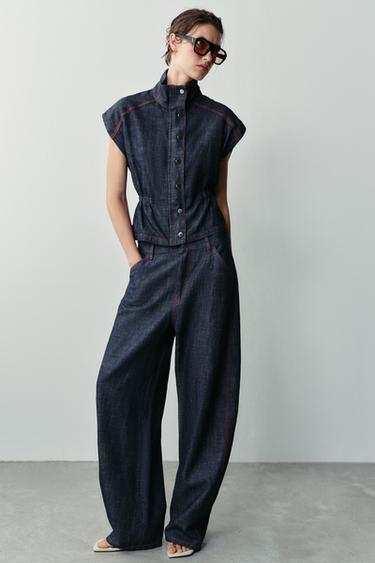 BARREL TROUSERS WITH LINEN BLEND AND CONTRAST STITCHING - Indigo by Zara