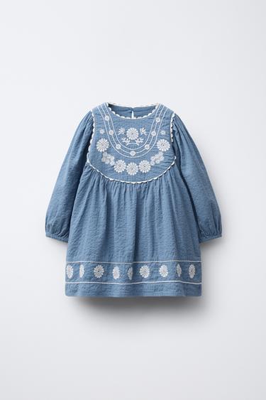 VESTIDO FLORES BORDADAS - Azul de Zara