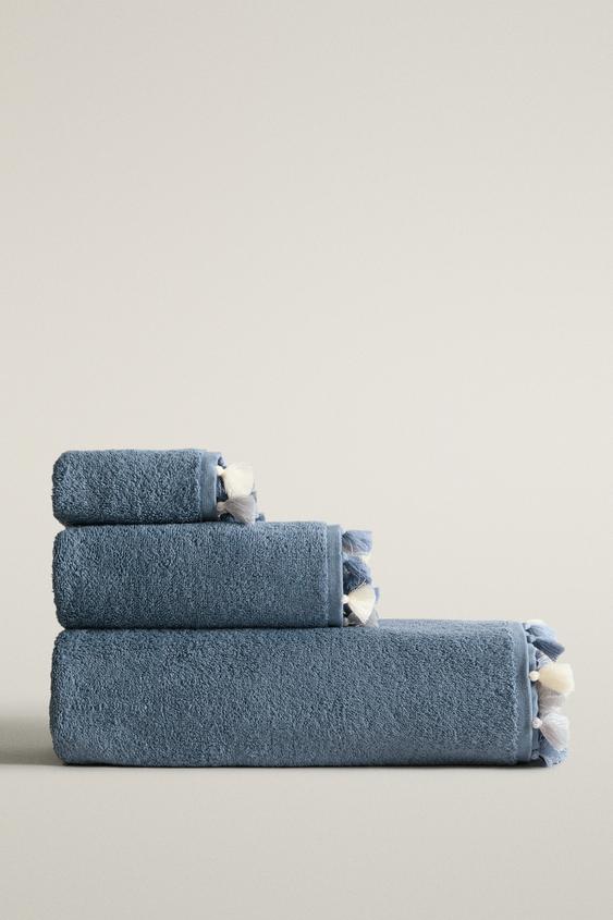 BATH TOWEL WITH TASSELS - Mid-blue by Zara - Image 0