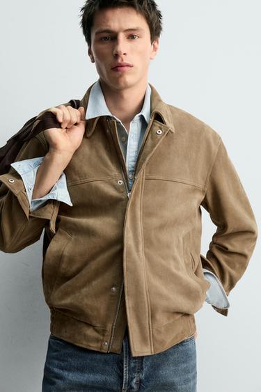 BLOUSON EN CUIR DAIM - Vert olive de Zara - Image 4