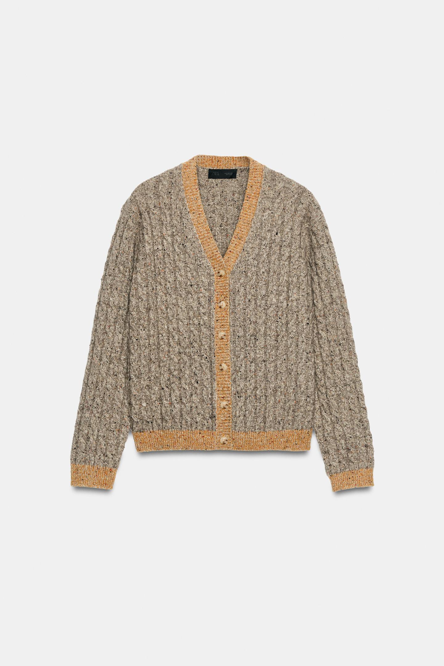 Женский кардиган Zara Wool Cable-Knit, цвет: Коричневый / Серо-коричневый — фото 8