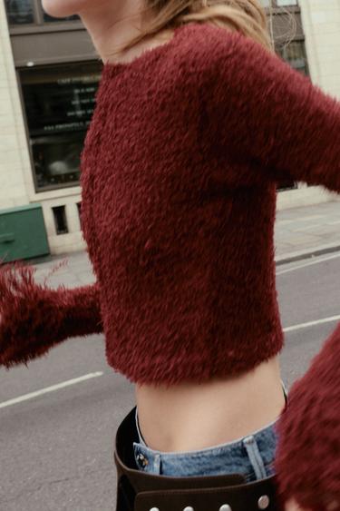 Zara FRINGED KNIT CARDIGAN - Dark burgundy