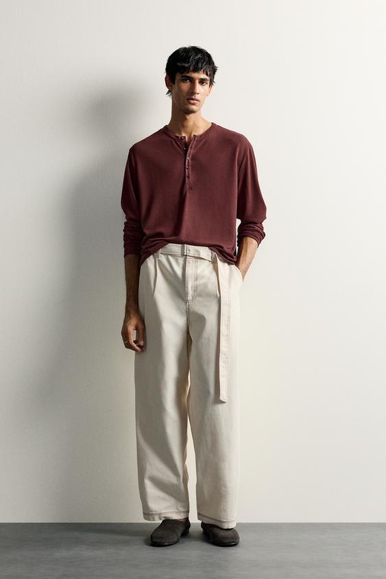 FLOWING HENLEY T-SHIRT - dark russet by Zara - Image 0