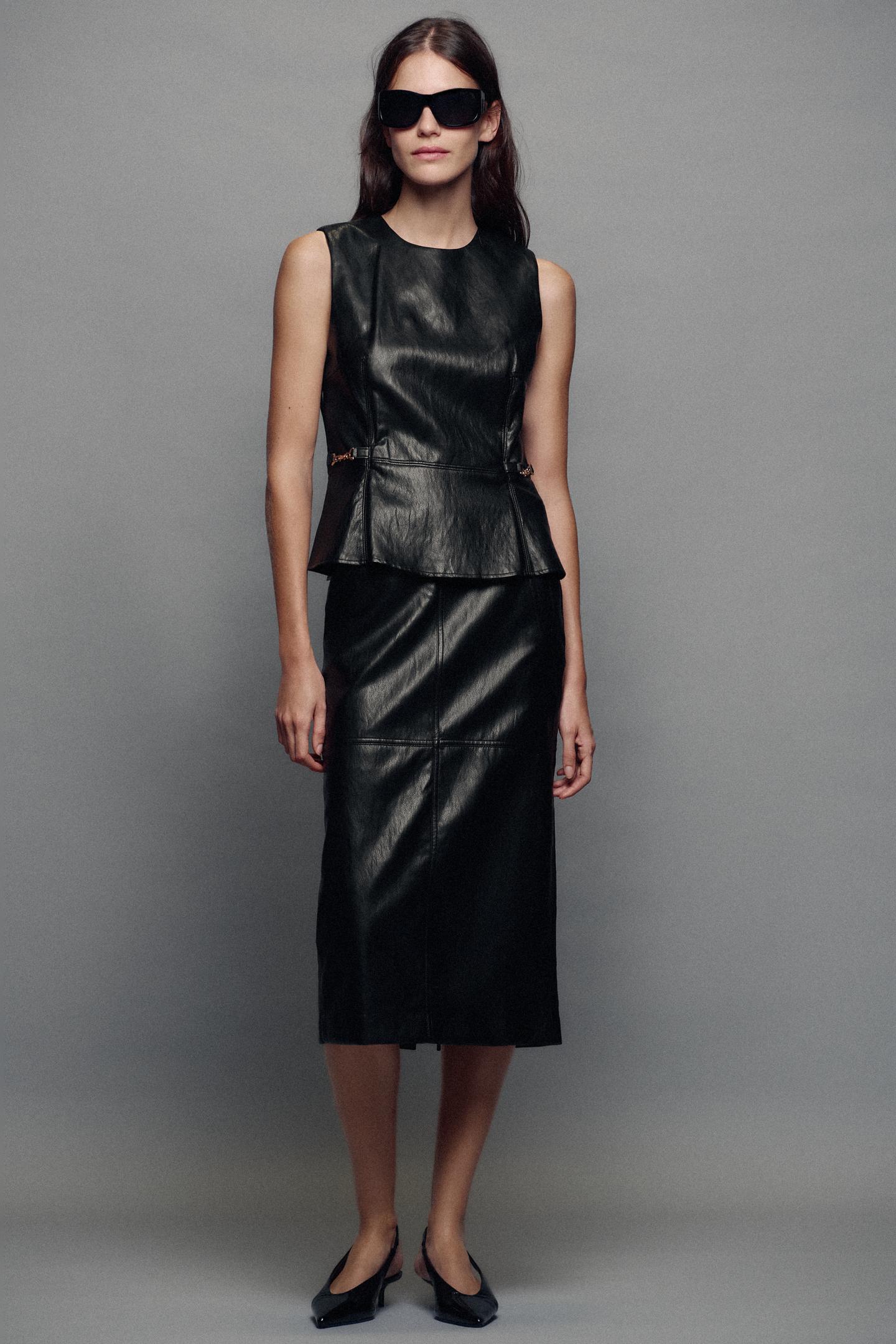 Женская юбка Zara Faux Leather Effect MIDI, цвет: Чёрный — фото 1