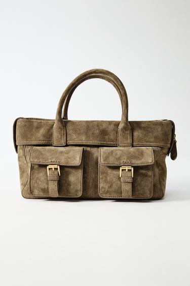 Zara LEATHER CITY BAG WITH POCKETS - Green