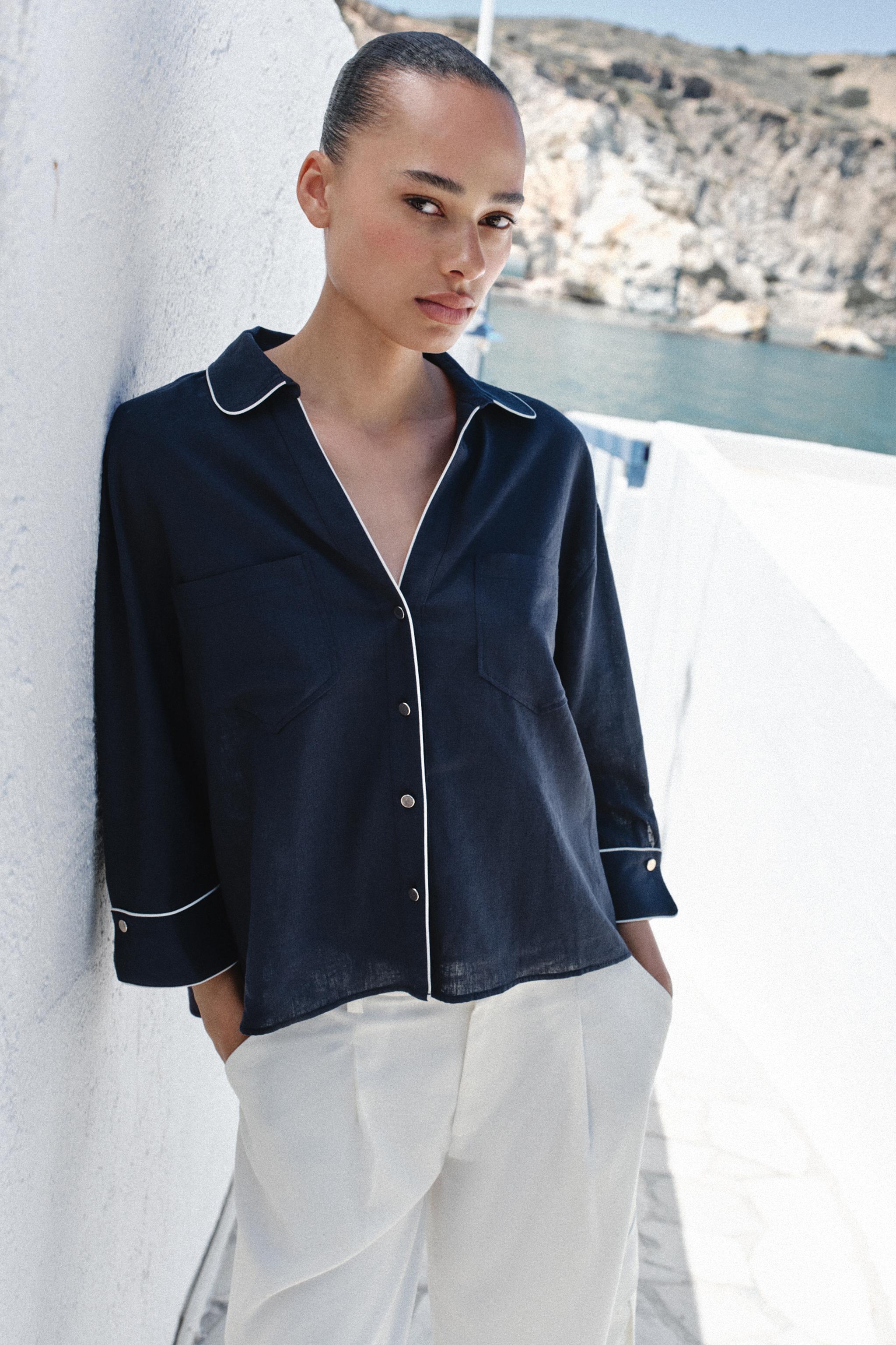 LINEN BLEND SHIRT WITH CONTRAST PIPING