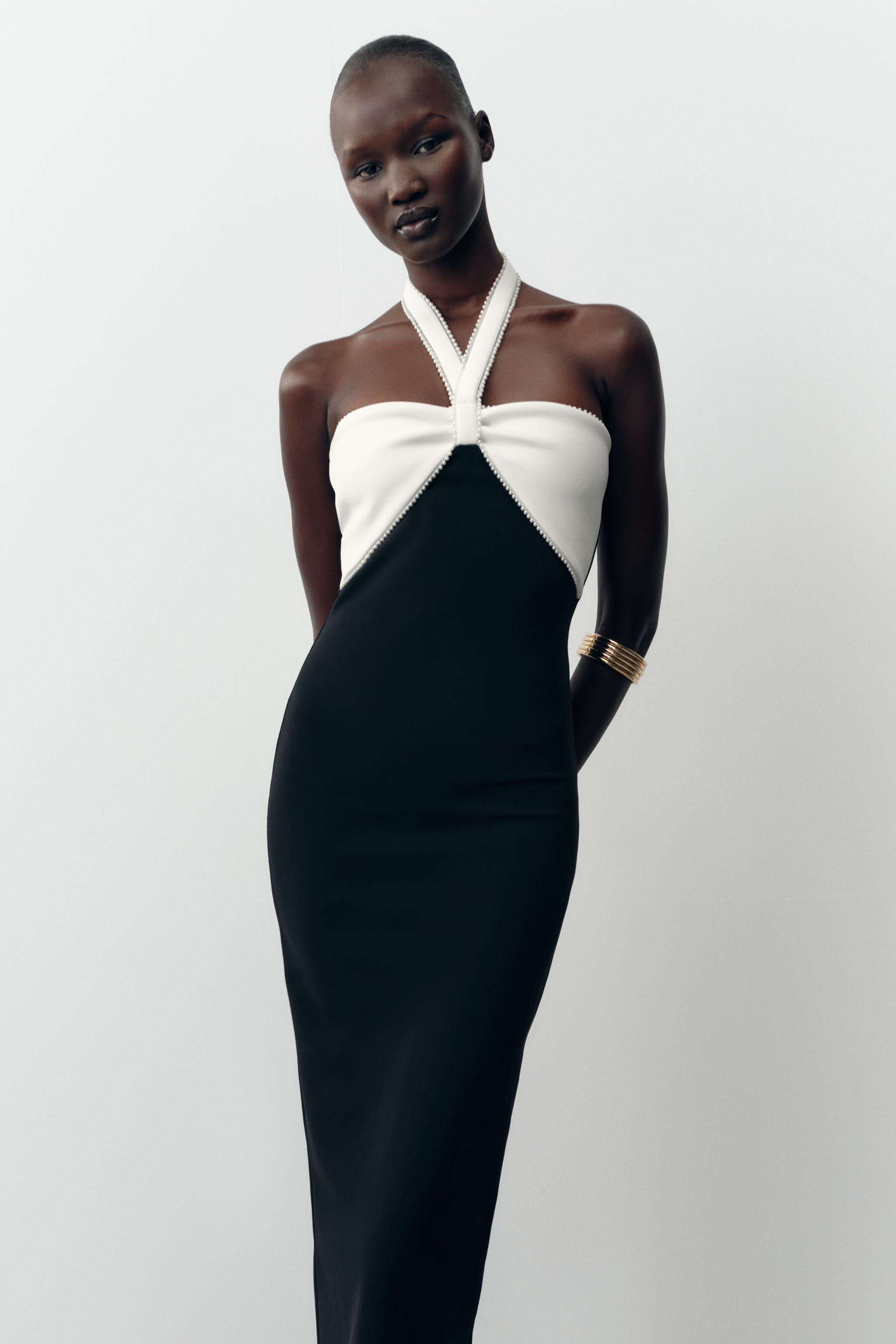 STRETCH MIDI DRESS WITH TIE Black White ZARA India