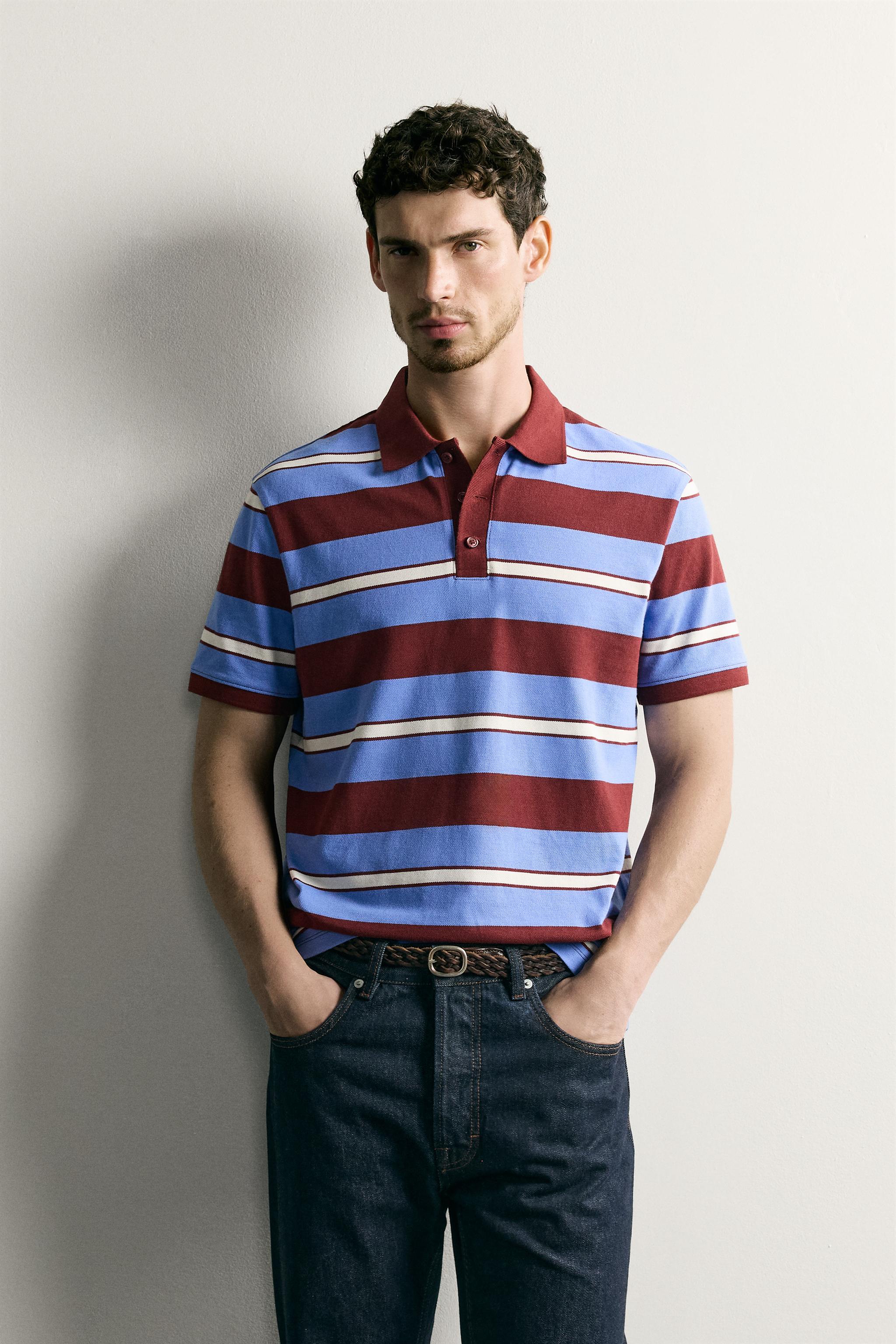 REGULAR FIT STRIPED PIQUÉ POLO — Light blue