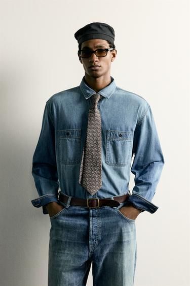Zara WASHED LIGHTWEIGHT DENIM SHIRT - Mid-blue