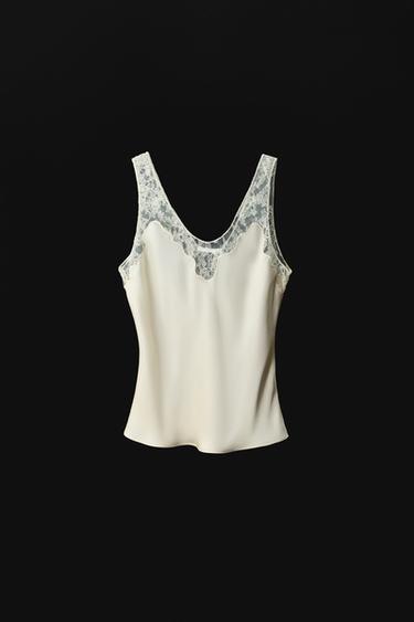 TOP SATINADO ENCAJE ZW COLLECTION - Crudo de Zara