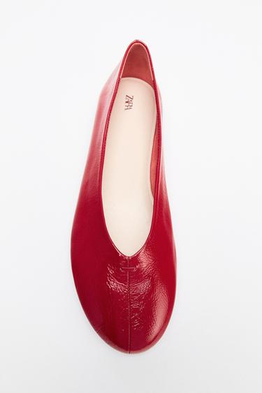 LEATHER V-CUT BALLET FLATS - Red by Zara