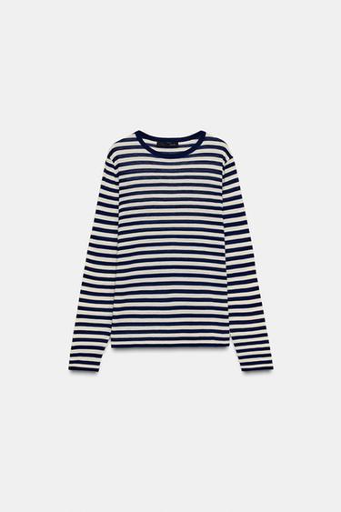 PULL EN MAILLE RAYÉE - Écru / Bleu de Zara - Image 6