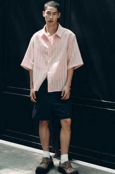 Zara JACQUARD 提花條紋襯衫 - 珊瑚粉色
