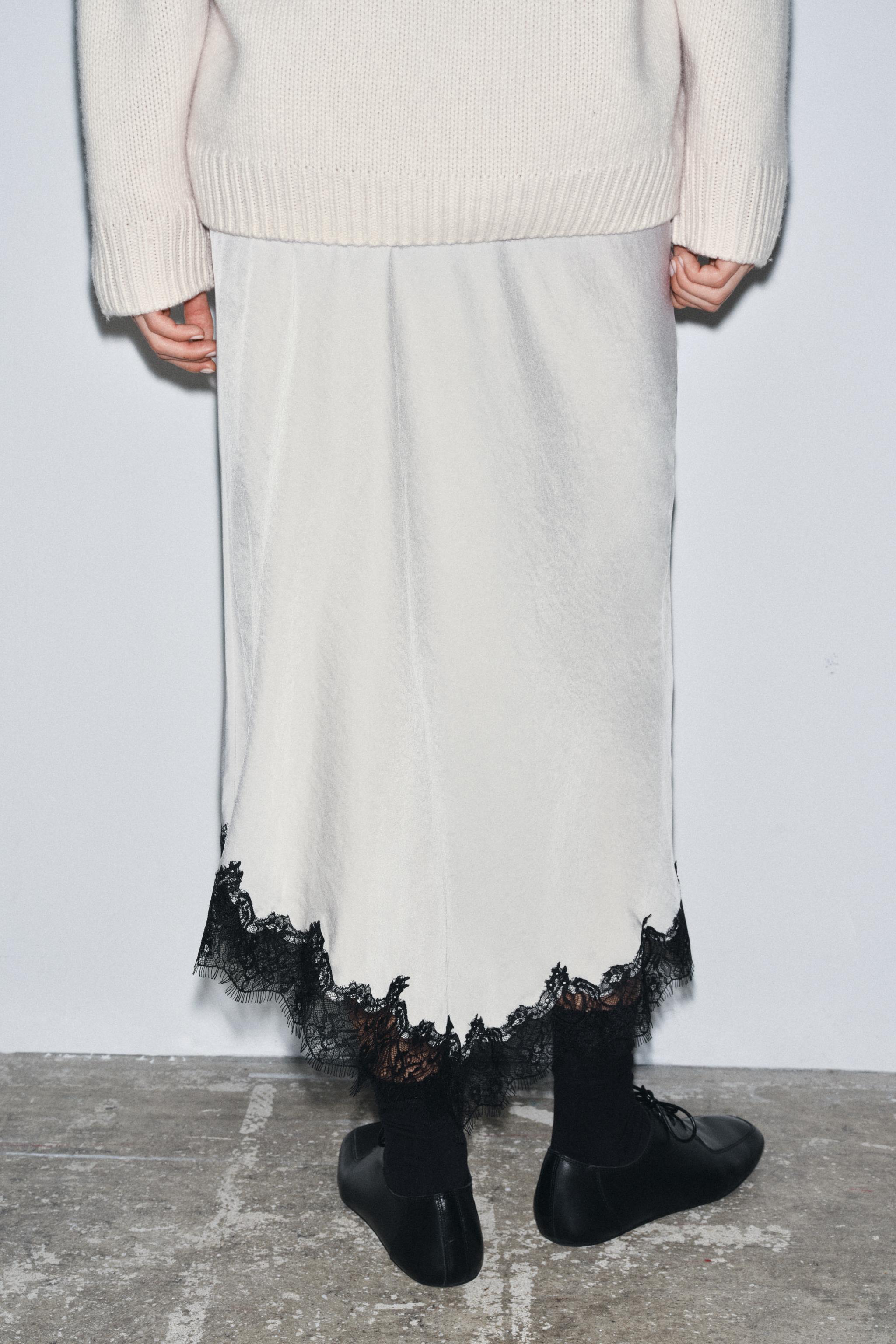 Shop Zara ZW COLLECTION LACE MIDI SKIRT at Beverly Center in Los