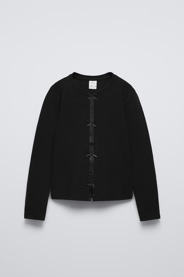 Zara RIBBED T-SHIRT WITH SATIN BOWS - Black