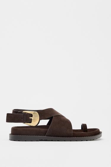 SPLIT SUEDE TOE POST BUCKLE SANDALS - Brown by Zara