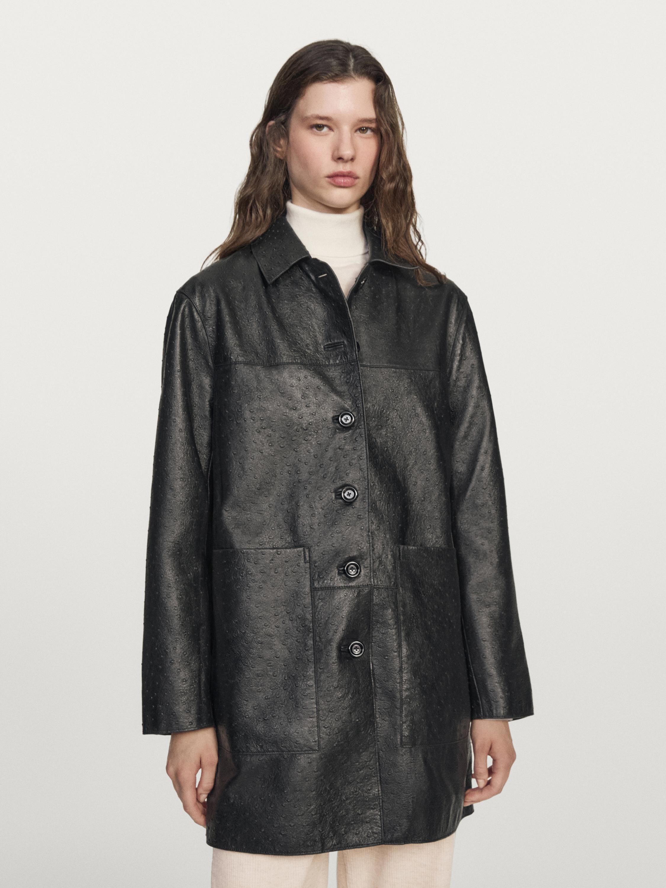 Manteau long en cuir nappa texturé
