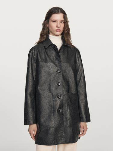 Zara Long textured nappa leather coat - Black