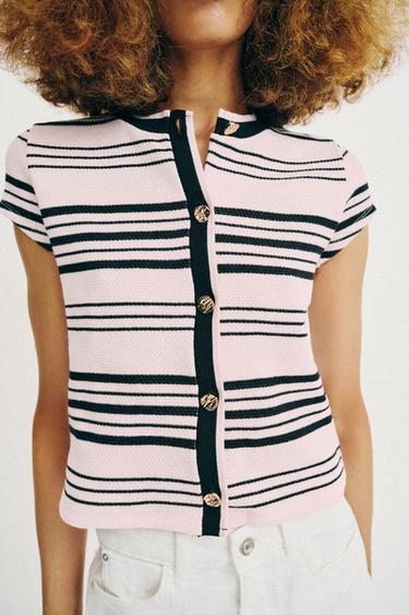 Zara STRIPED BUTTONED TOP - Pink