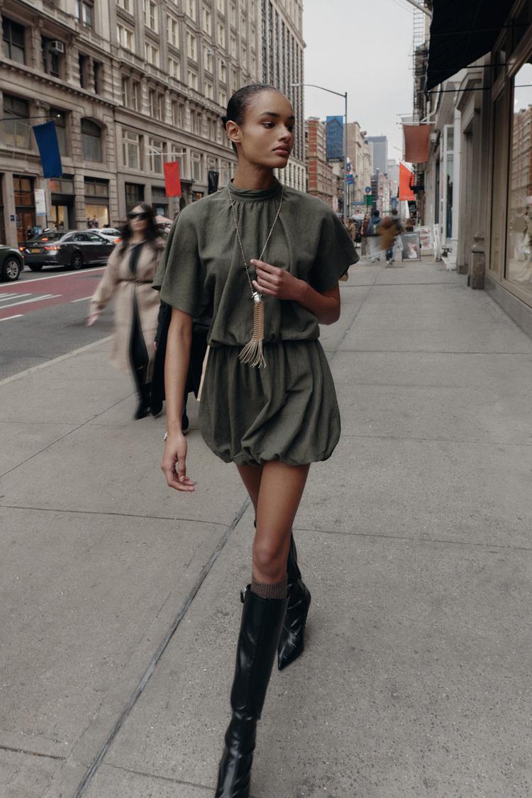 PUFF MINI DRESS - Khaki | ZARA United States, image size:750x1125