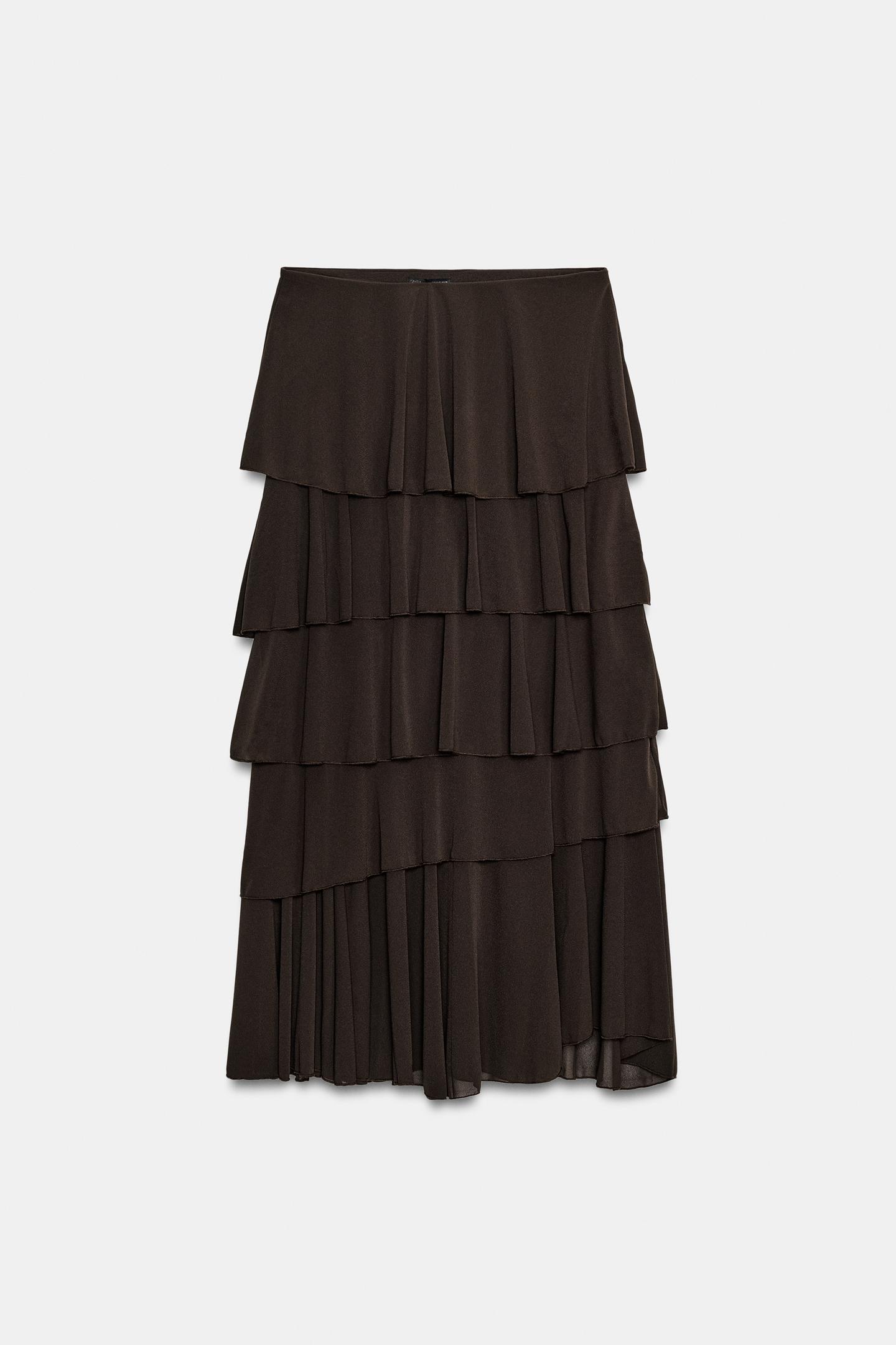Женская юбка Zara Ruffled MIDI, цвет: Тёмный коричневый — фото 9