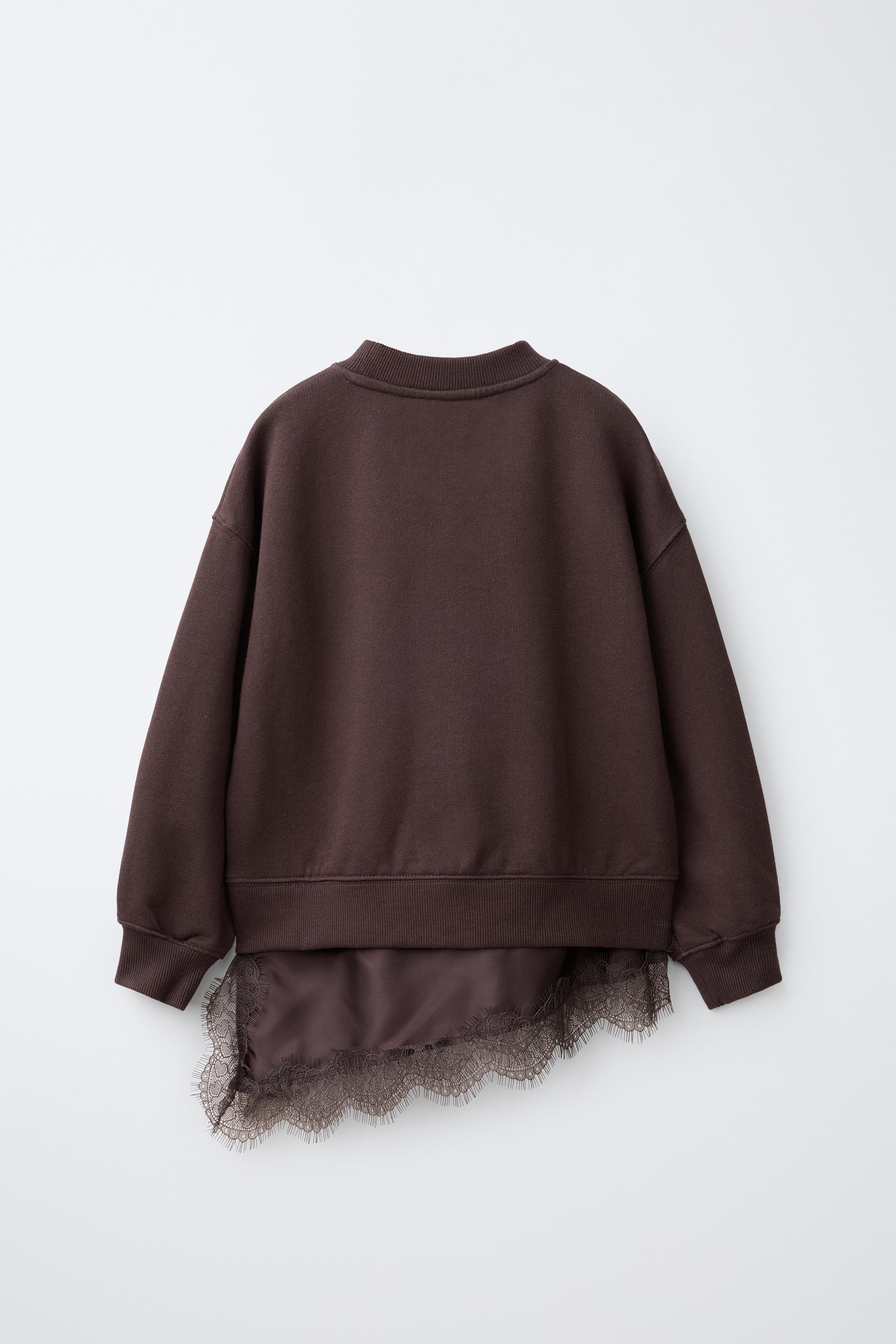 LACE-HEM SWEATSHIRT — Brown