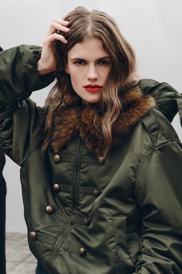 Zara NYLON BOMBER JACKET WITH FAUX FUR COLLAR ZW COLLECTION - Mid-green