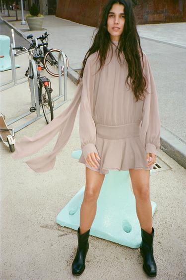 SHORT FLOWING DRESS WITH TIE DETAIL - Dark straw by Zara - Image 3