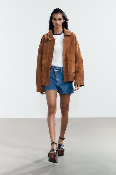 100% SUEDE LEATHER BOMBER JACKET WITH POCKETS - Dark camel by Zara - Image 0