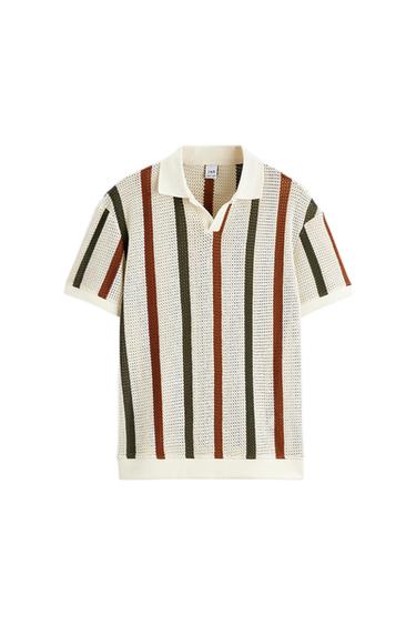 Knitted polo shirt with vertical stripes in brown, green, and beige on a white background. Classic collar and short sleeves. Visible "Zara" label.