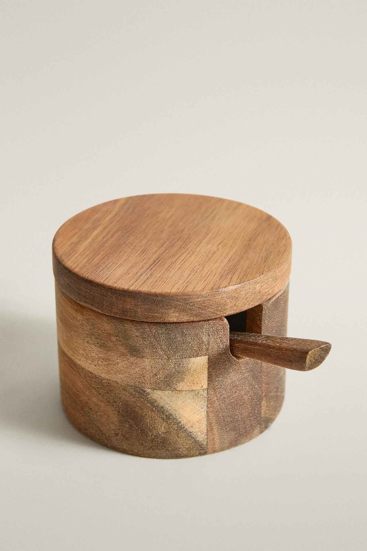 ACACIA WOOD SUGAR BOWL WITH SPOON — Light beige