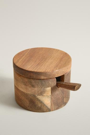 ACACIA WOOD SUGAR BOWL WITH SPOON — Light beige 2