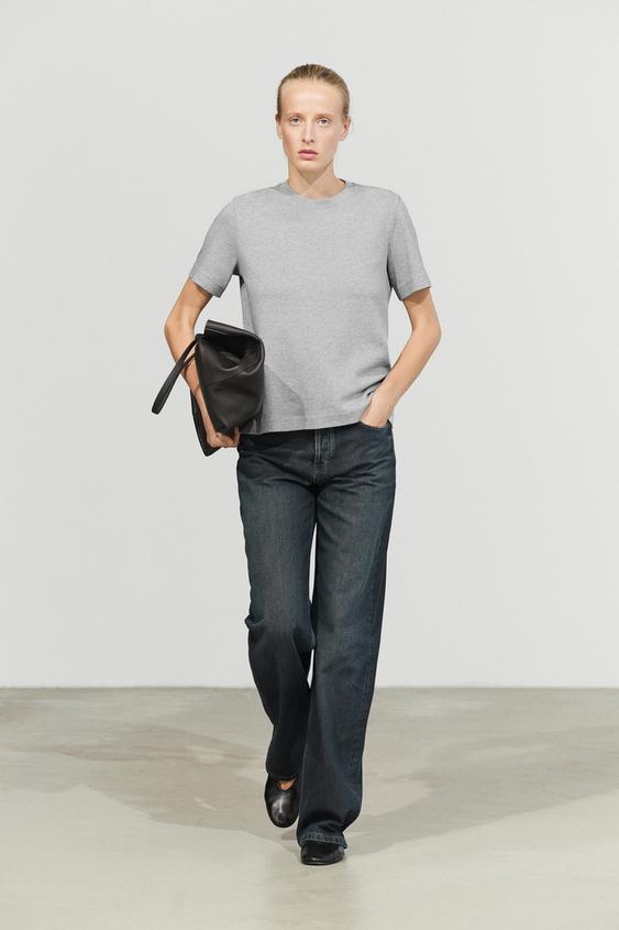 Zara Short sleeve interlock T-shirt - Gray / Beige - Image 0