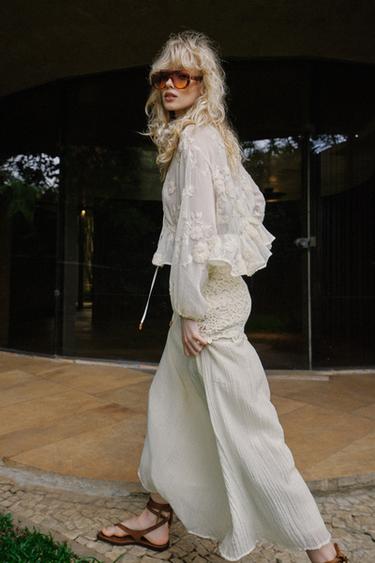 EMBROIDERED SEMI-SHEER BLOUSE - Light beige by Zara - Image 2