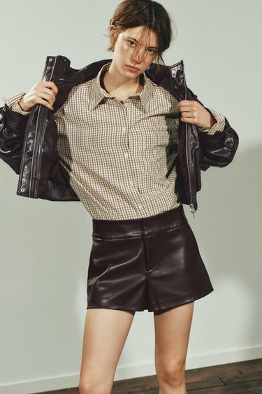 Zara REGULAR FIT PLAID SHIRT - Ecru / Brown