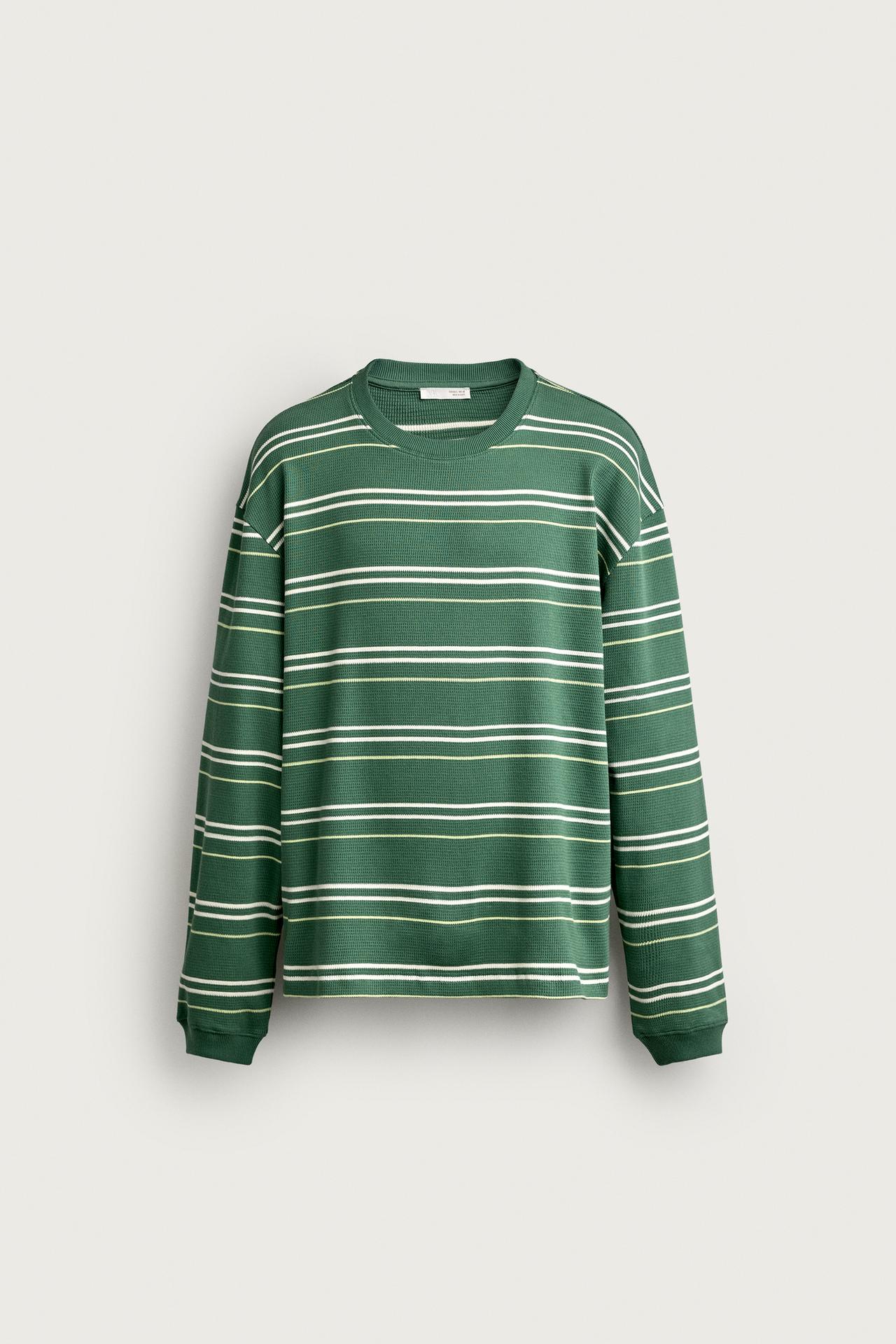 STRIPED WAFFLE KNIT SWEATSHIRT — Green / Ecru