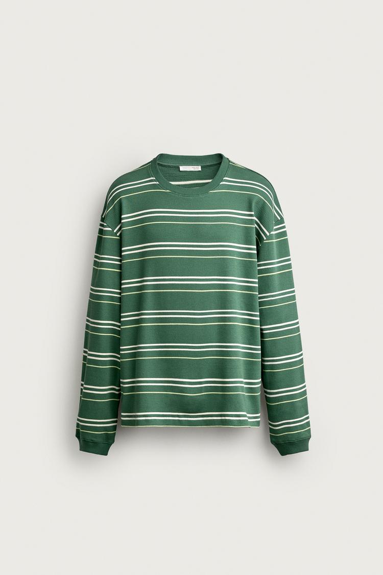 STRIPED WAFFLE KNIT SWEATSHIRT — Green / Ecru