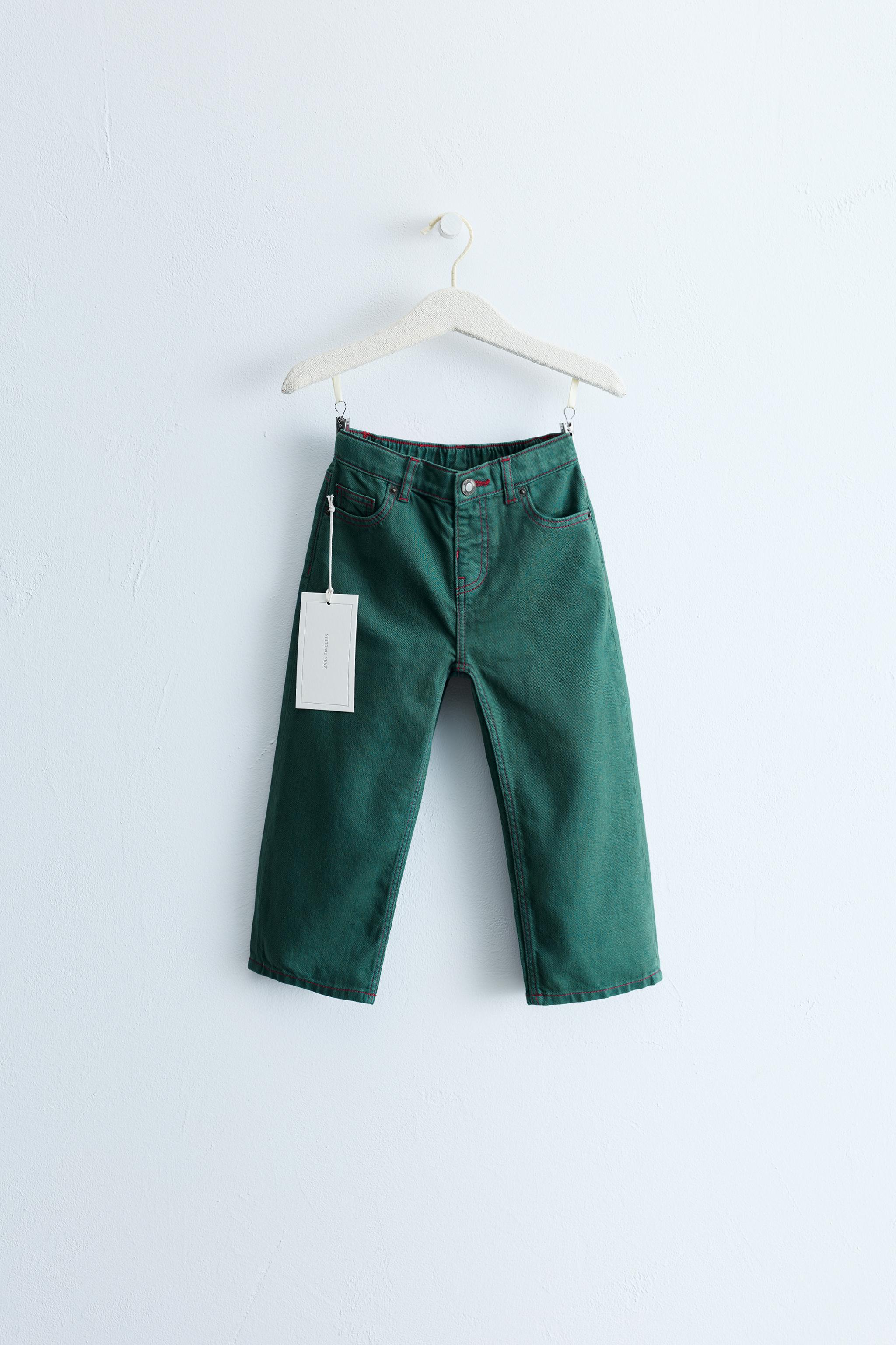ZARA TIMELESS - CONTRAST STITCH STRAIGHT TWILL PANTS — Mid-green