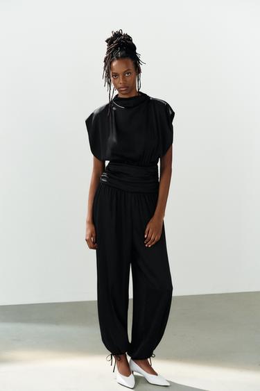 Zara SATIN CUMMERBUND JUMPSUIT - Black