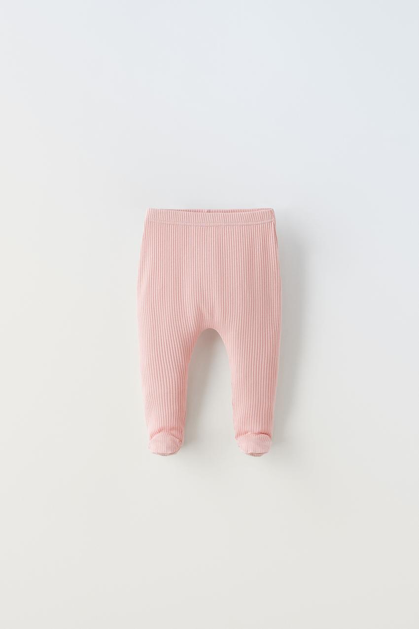 0-9 MONTHS/ THREE PACK OF RIBBED FOOTED LEGGINGS - Pinks