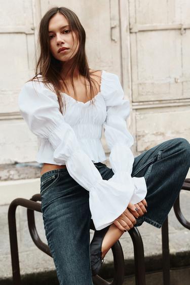 HAUT À PLIS ET MANCHES BOUFFANTES - Blanc de Zara - Image 1