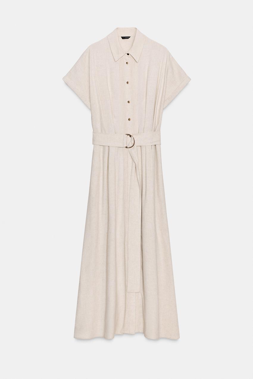 Zara Linen Shirt Dress Zara Beige Button Dress Linen Shirt Dress, Button  Down Linen Dress, Long