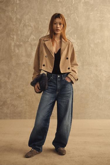 Zara 100% 皮革短版風衣外套 - 焦糖色