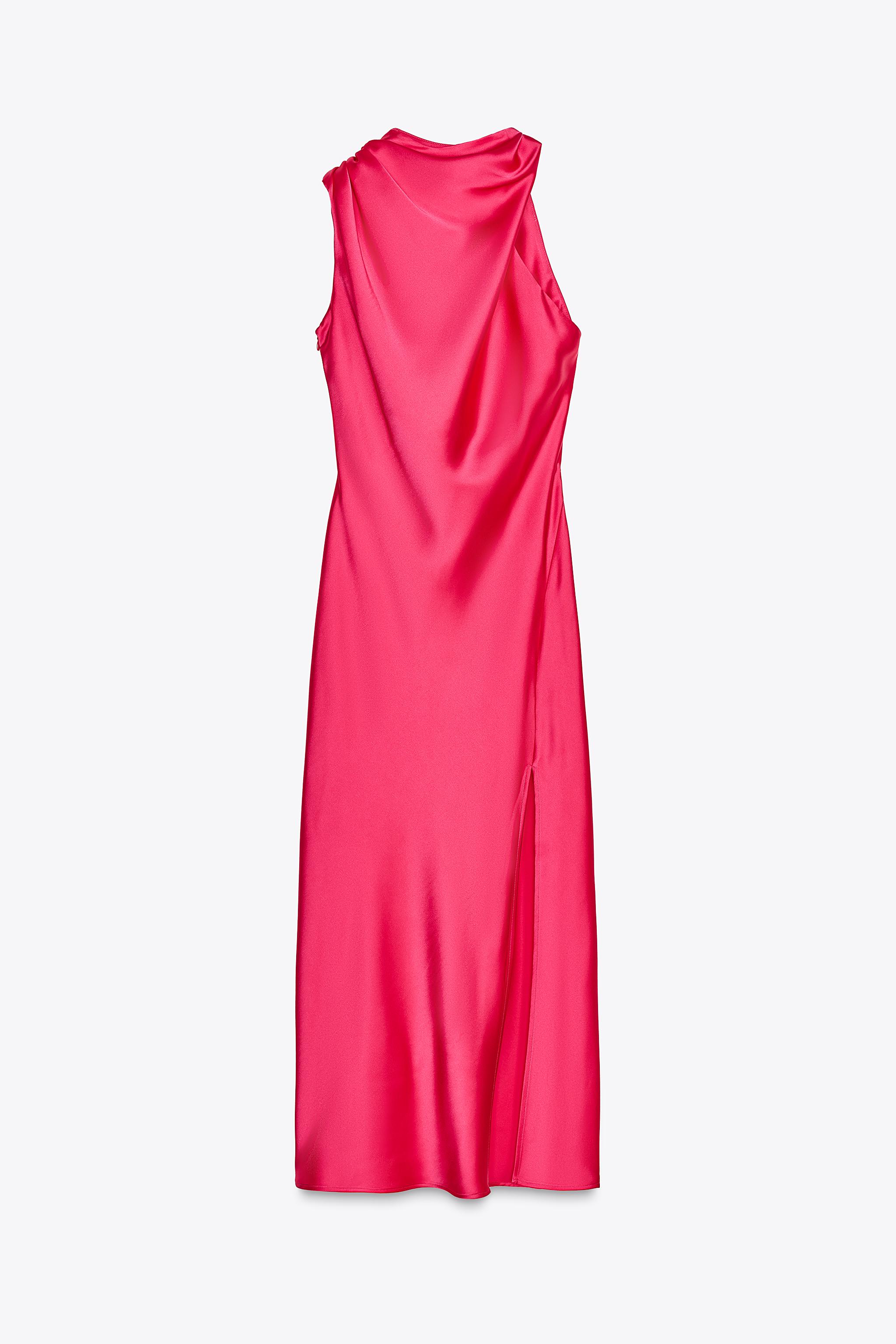 ZARA アシンメトリーサテンミディ丈ワンピース 3170/399 アシンメトリーサテンミディ丈ワンピース - フクシア | ZARA