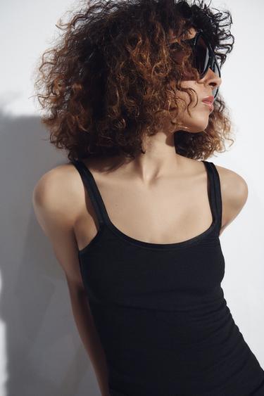 Zara RIBBED TANK TOP - Black