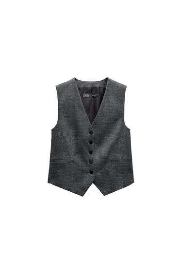 Front view of a grey waistcoat with buttons and side pockets.
